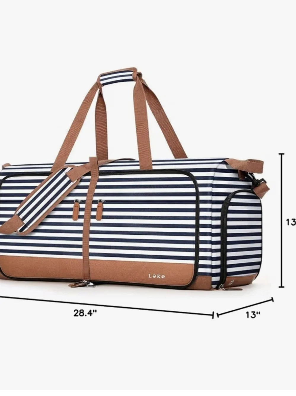 Striped Navy & White Duffel with Brown Trim - Travel Bag